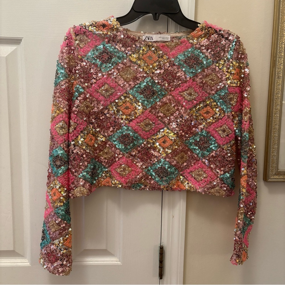 Zara Sequin Knit Sweater Cropped Top Multicolored Size Small Jumper